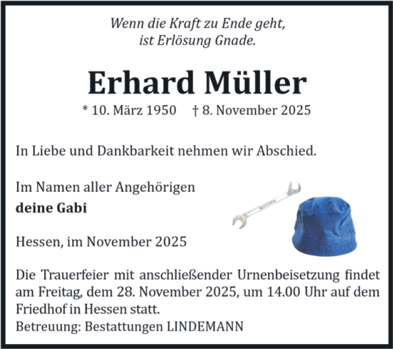 Traueranzeige von Erhard Müller von Volksstimme Halberstadt