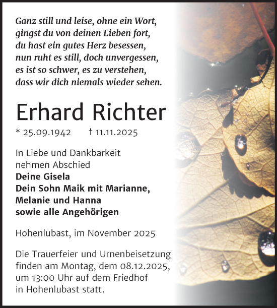 Traueranzeige von Erhard Richter von Trauerkombi Wittenberg