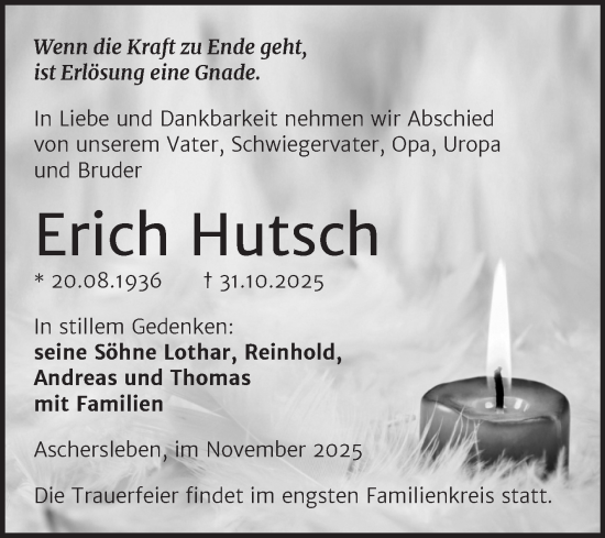 Traueranzeige von Erich Hutsch von Trauerkombi Aschersleben