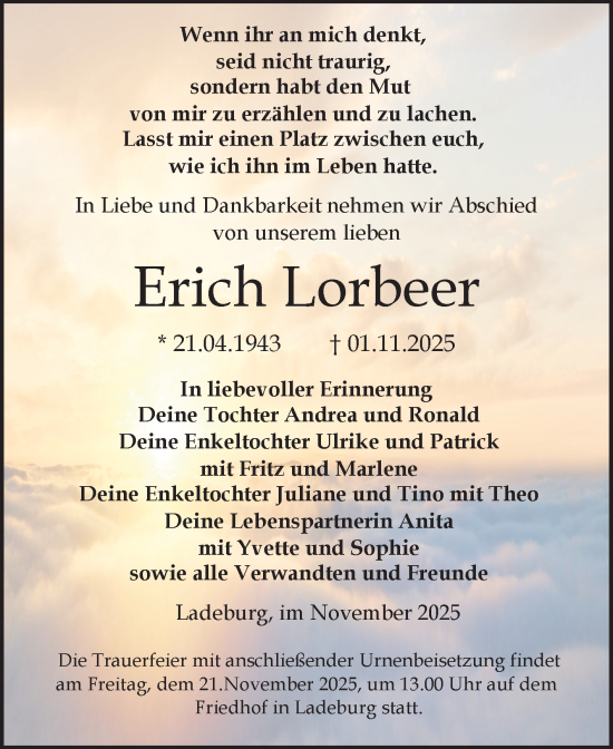 Traueranzeige von Erich Lorbeer von Volksstimme Zerbst