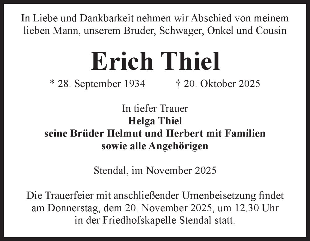  Traueranzeige für Erich Thiel vom 08.11.2025 aus Volksstimme Altmark Ost