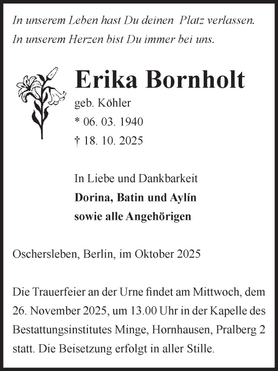 Traueranzeige von Erika Bornholt von Volksstimme Oschersleben/Wanzleben