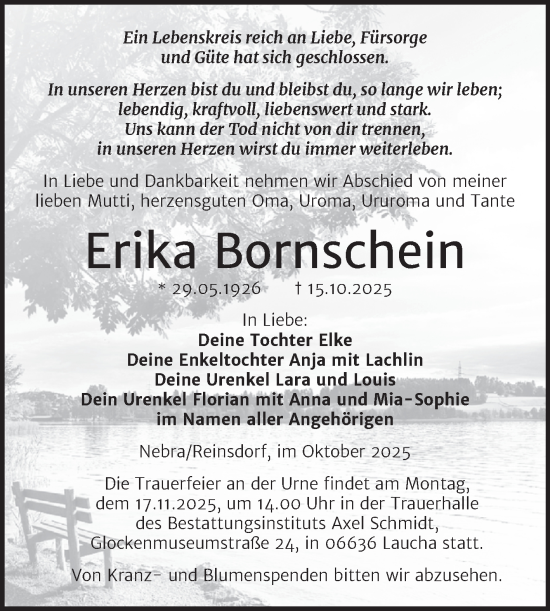 Traueranzeige von Erika Bornschein von Super Sonntag Naumburg/Nebra