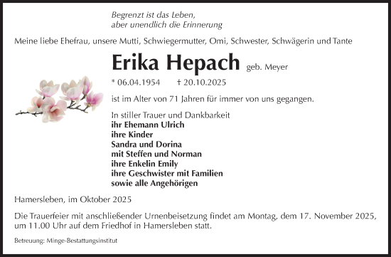 Traueranzeige von Erika Hepach von Volksstimme Oschersleben/Wanzleben