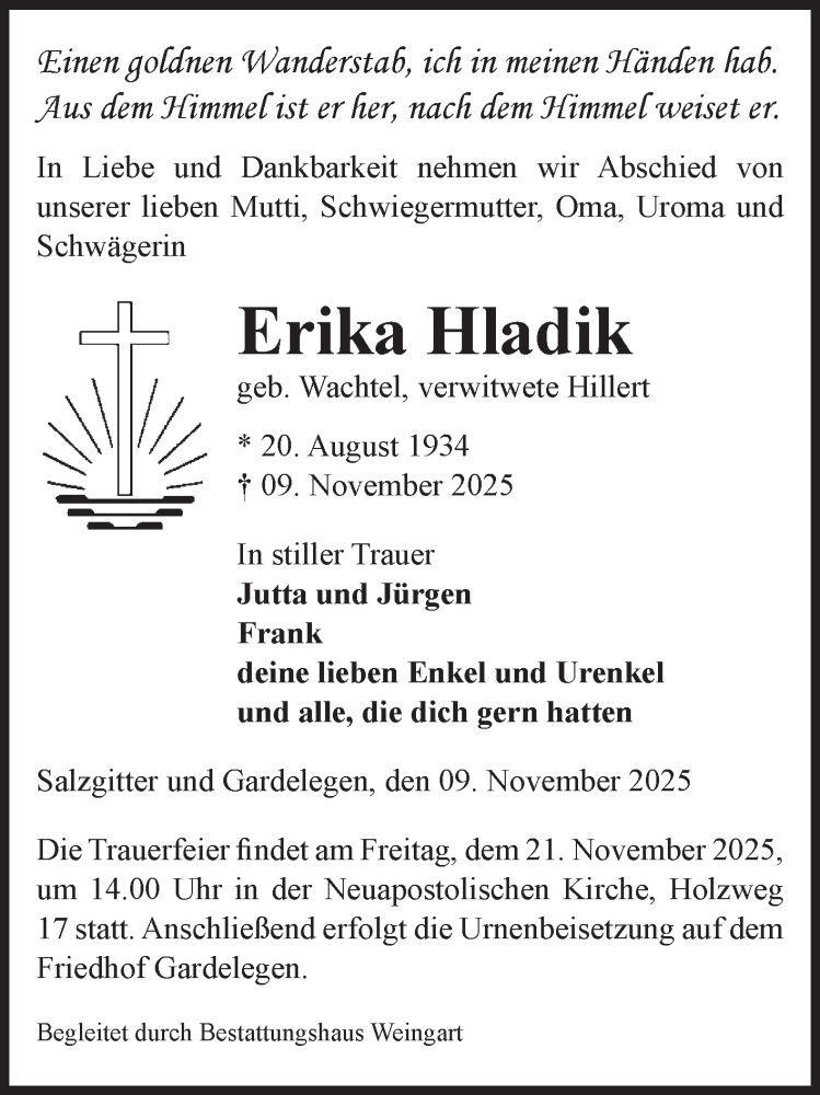  Traueranzeige für Erika Hladik vom 15.11.2025 aus Volksstimme Altmark West