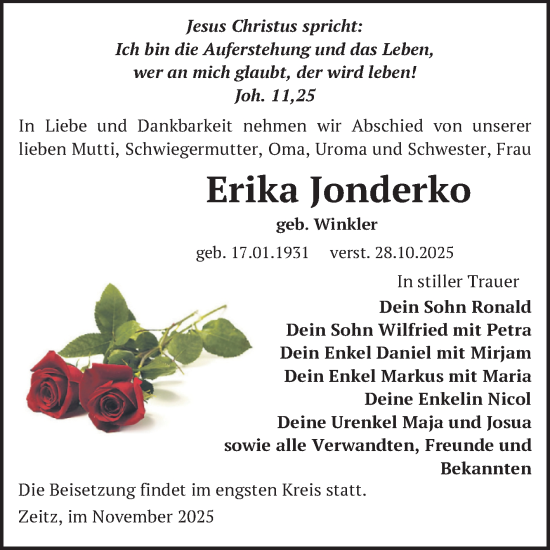 Traueranzeige von Erika Jonderko von Trauerkombi Zeitz