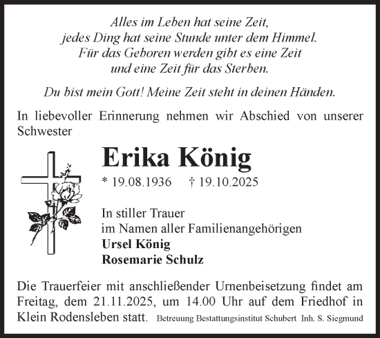 Traueranzeige von Erika König von Volksstimme Oschersleben/Wanzleben