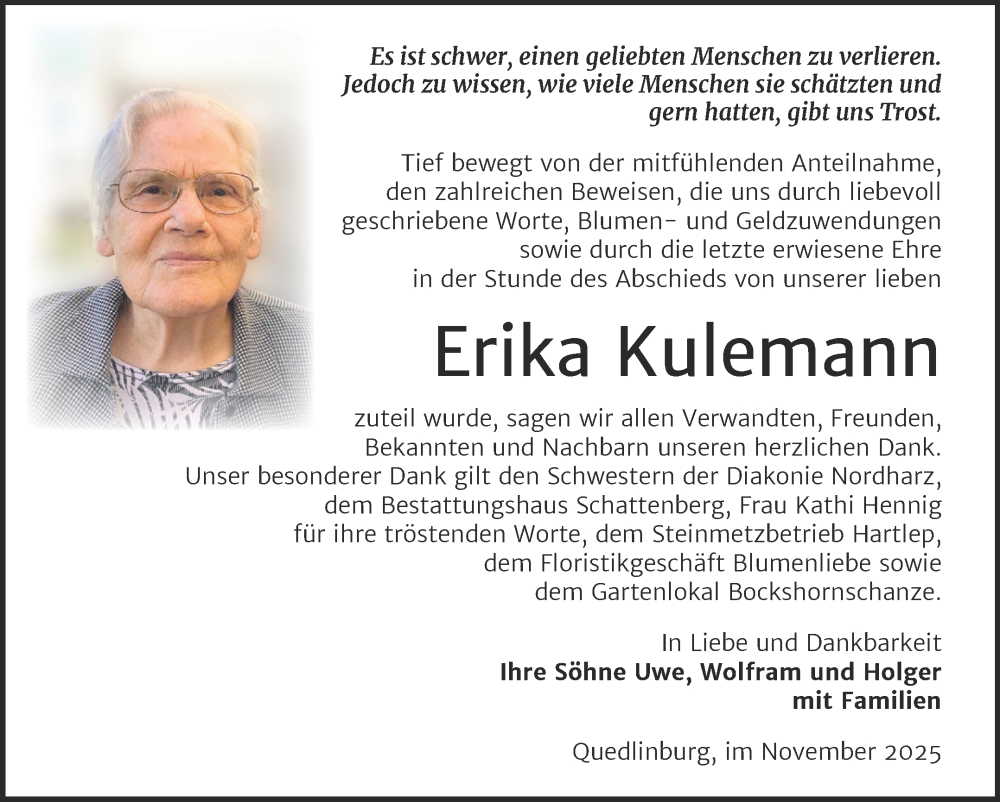  Traueranzeige für Erika Kulemann vom 22.11.2025 aus Trauerkombi Quedlinburg