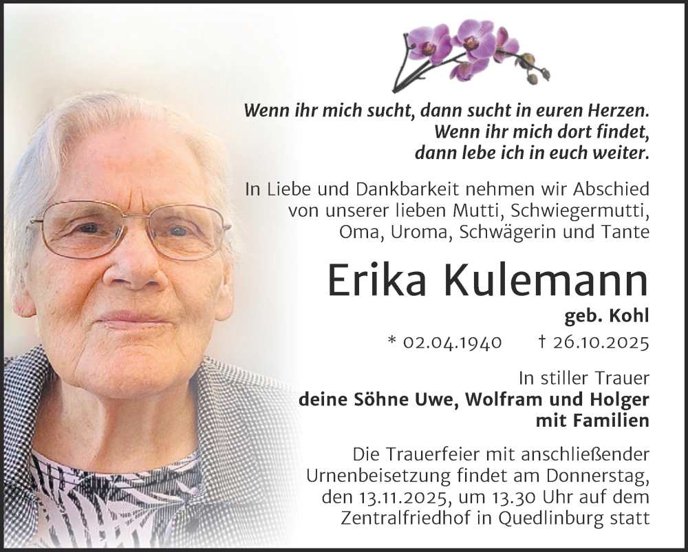  Traueranzeige für Erika Kulemann vom 08.11.2025 aus Trauerkombi Quedlinburg