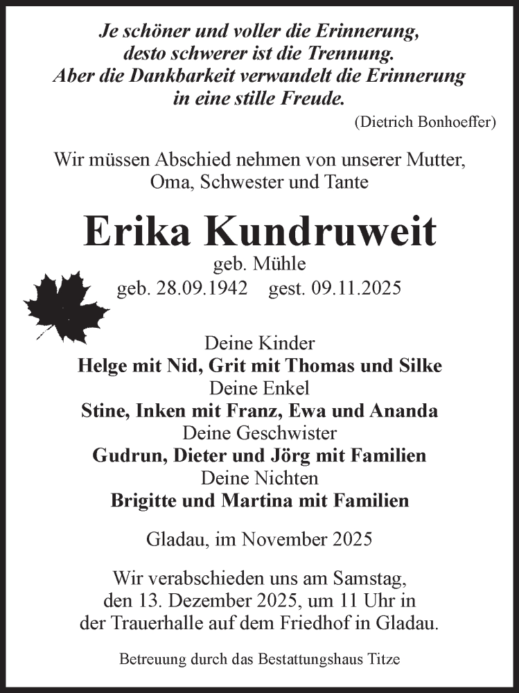  Traueranzeige für Erika Kundruweit vom 15.11.2025 aus Volksstimme Burg/Genthin