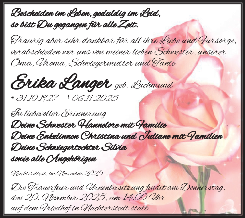  Traueranzeige für Erika Langer vom 15.11.2025 aus Trauerkombi Aschersleben