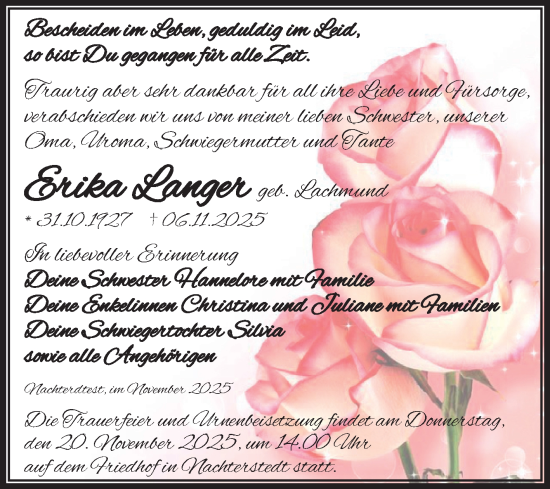 Traueranzeige von Erika Langer von Trauerkombi Aschersleben
