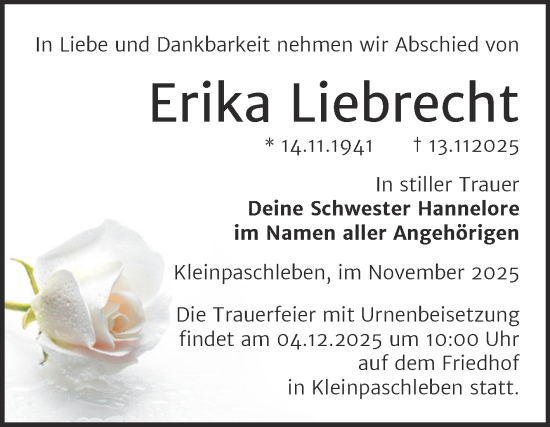 Traueranzeige von Erika Liebrecht von Trauerkombi Köthen