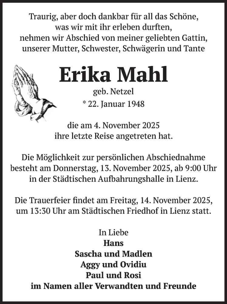  Traueranzeige für Erika Mahl vom 12.11.2025 aus Volksstimme Altmark Ost