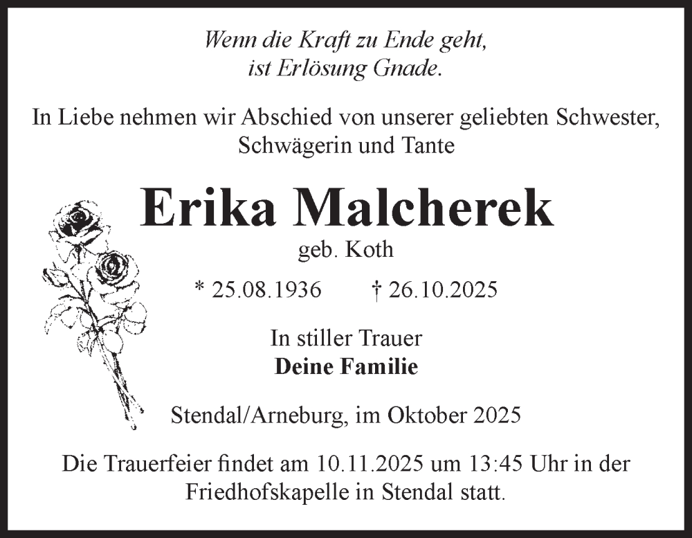 Traueranzeige für Erika Malcherek vom 01.11.2025 aus Volksstimme Altmark Ost