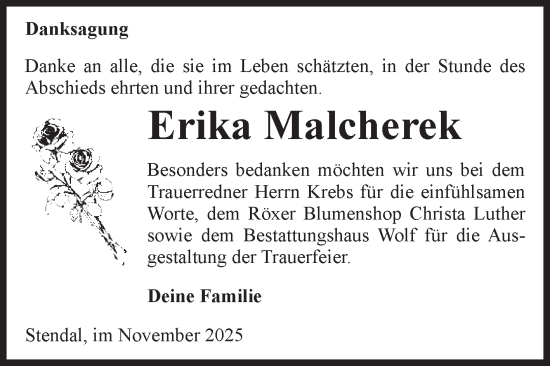 Traueranzeige von Erika Malcherek von Volksstimme Altmark Ost