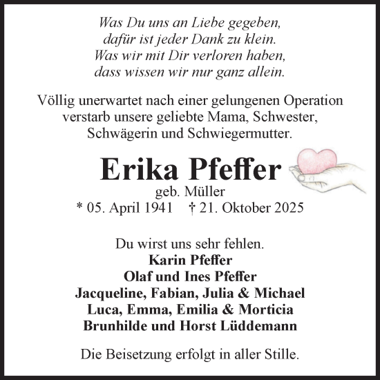 Traueranzeige von Erika Pfeffer von Volksstimme Magdeburg