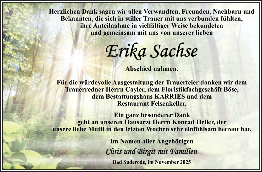  Traueranzeige für Erika Sachse vom 08.11.2025 aus Trauerkombi Quedlinburg