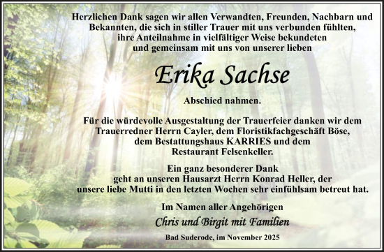 Traueranzeige von Erika Sachse von Trauerkombi Quedlinburg