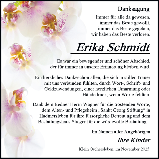 Traueranzeige von Erika Schmidt von Volksstimme Oschersleben/Wanzleben