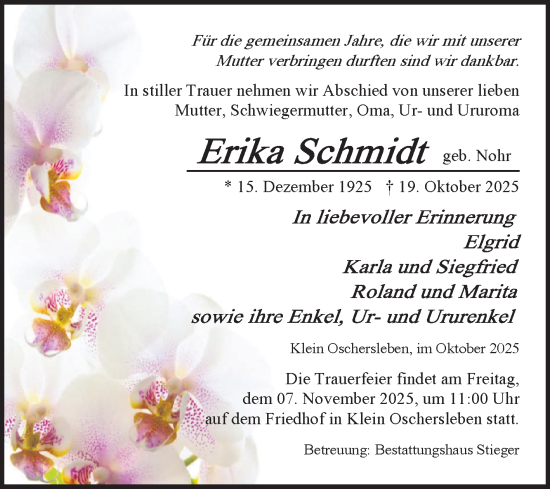 Traueranzeige von Erika Schmidt von Volksstimme Oschersleben/Wanzleben