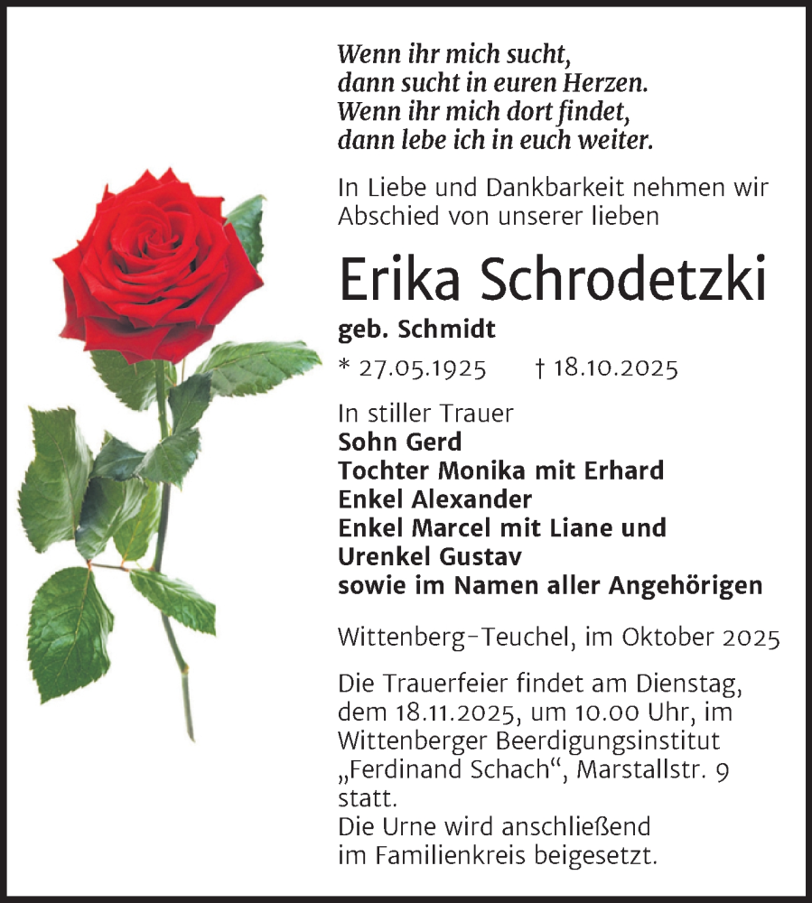  Traueranzeige für Erika Schrodetzki vom 01.11.2025 aus Trauerkombi Wittenberg