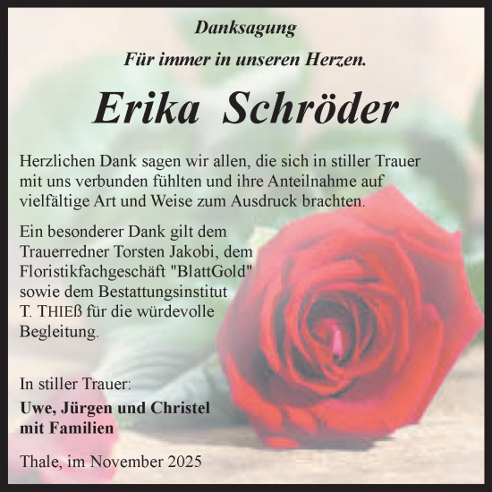Traueranzeige von Erika Schröder von Trauerkombi Quedlinburg