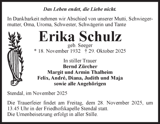 Traueranzeige von Erika Schulz von Volksstimme Altmark Ost