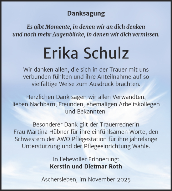 Traueranzeige von Erika Schulz von Trauerkombi Aschersleben