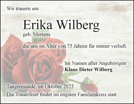 Traueranzeige von Erika Wilberg von Volksstimme Altmark Ost
