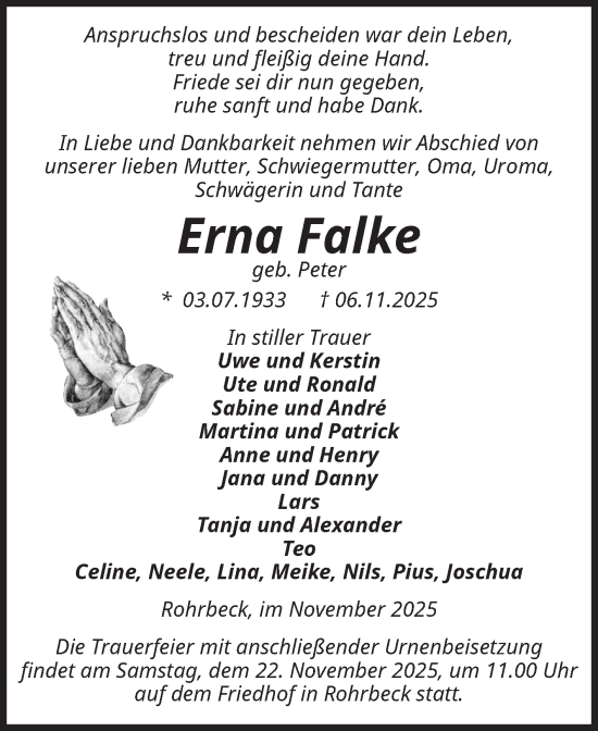 Traueranzeige von Erna Falke von Volksstimme Altmark Ost