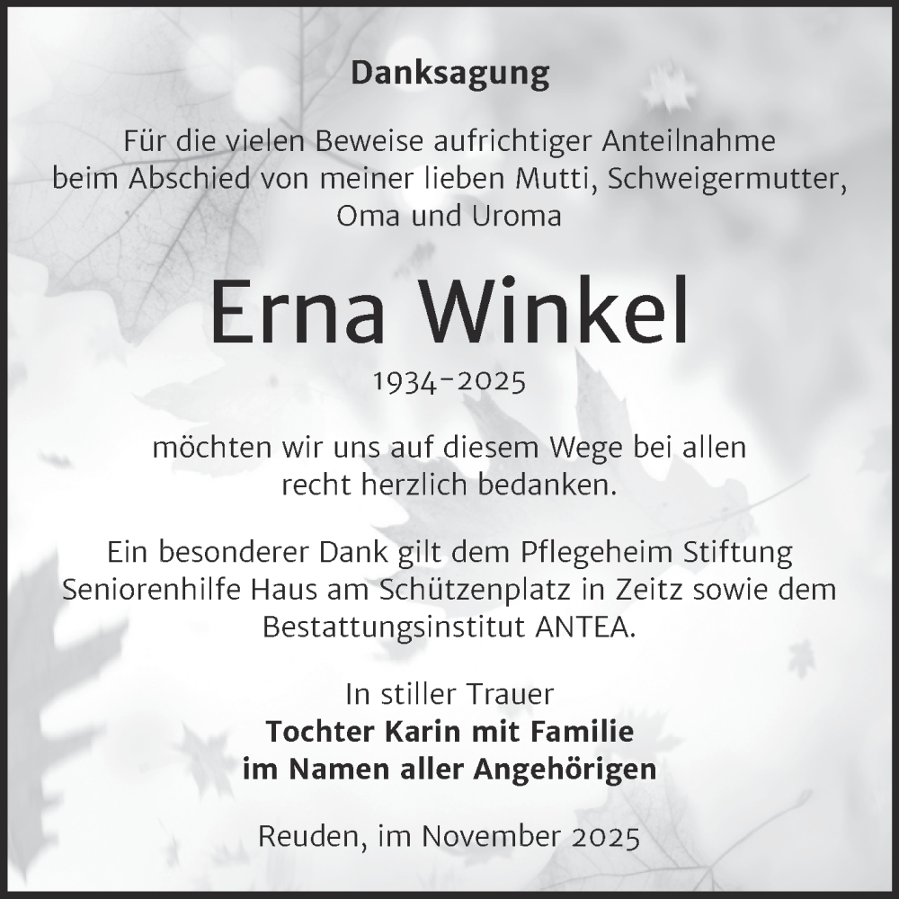  Traueranzeige für Erna Winkel vom 15.11.2025 aus Trauerkombi Zeitz