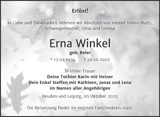 Traueranzeige von Erna Winkel von Trauerkombi Zeitz