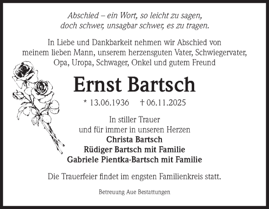Traueranzeige von Ernst Bartsch von Volksstimme Magdeburg