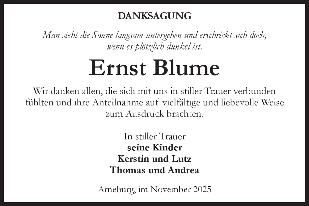  Traueranzeige für Ernst Blume vom 15.11.2025 aus Volksstimme Altmark Ost
