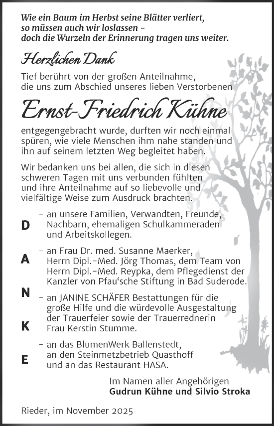 Traueranzeige von Ernst-Friedrich Kühne von Trauerkombi Quedlinburg