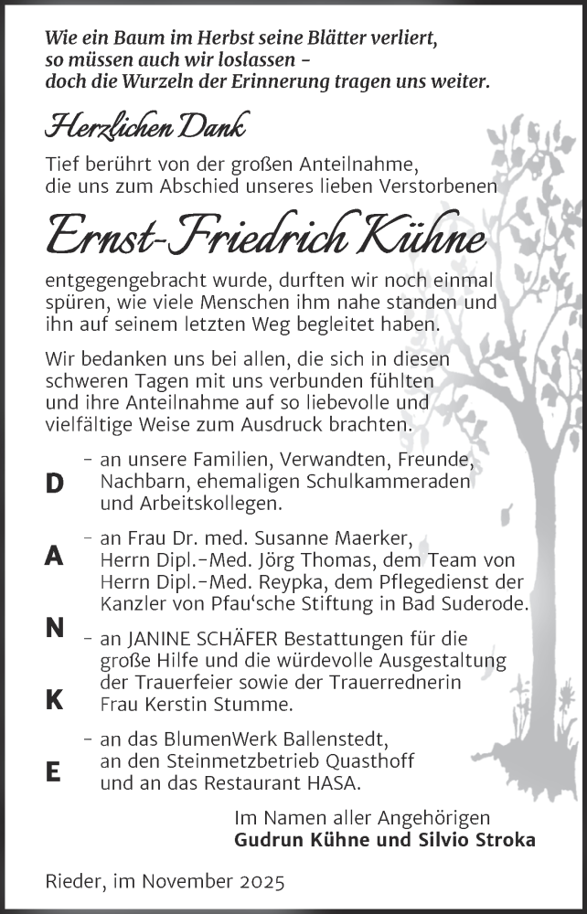  Traueranzeige für Ernst-Friedrich Kühne vom 22.11.2025 aus Trauerkombi Quedlinburg
