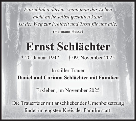 Traueranzeige von Ernst Schlächter von Volksstimme Haldensleben/Wolmirstedt