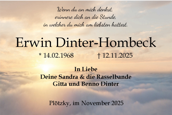 Traueranzeige von Erwin Dinter-Hombeck von Volksstimme Schönebeck