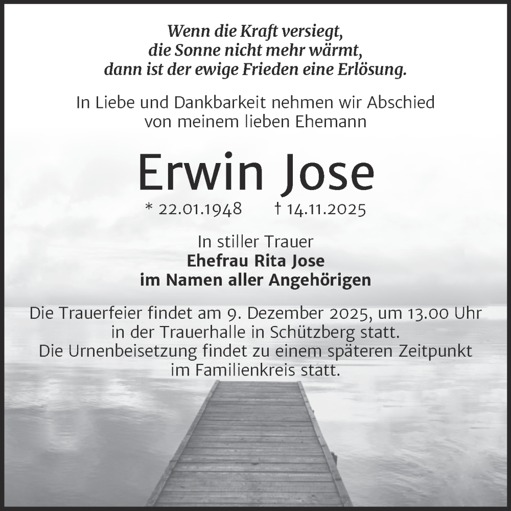  Traueranzeige für Erwin Jose vom 22.11.2025 aus Trauerkombi Wittenberg