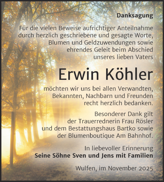 Traueranzeige von Erwin Köhler von Trauerkombi Köthen
