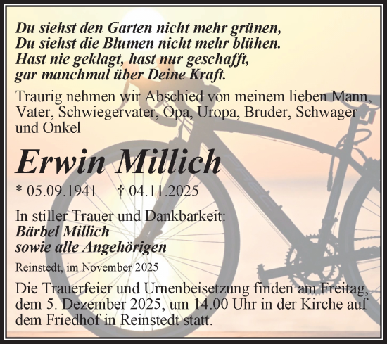 Traueranzeige von Erwin Millich von Trauerkombi Quedlinburg