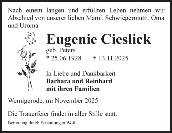 Traueranzeige von Eugenie Cieslick von Volksstimme Wernigerode
