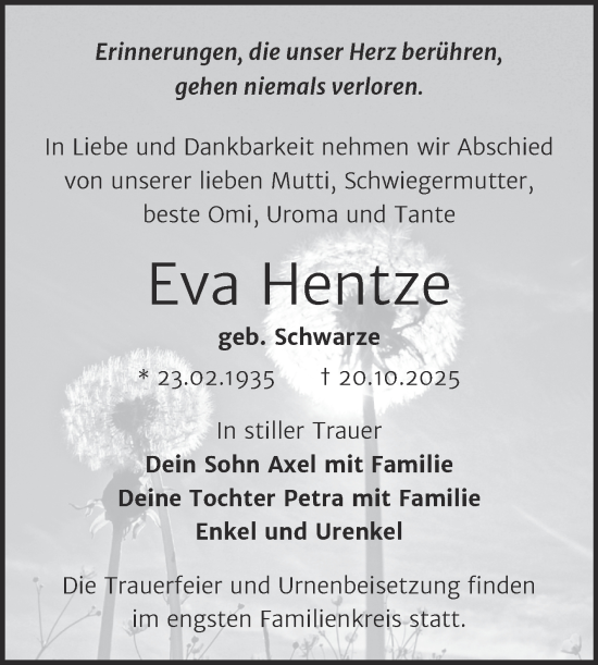Traueranzeige von Eva Hentze von Trauerkombi Wittenberg