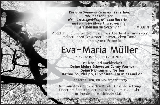 Traueranzeige von Eva-Maria Müller von Trauerkombi Sangerhausen
