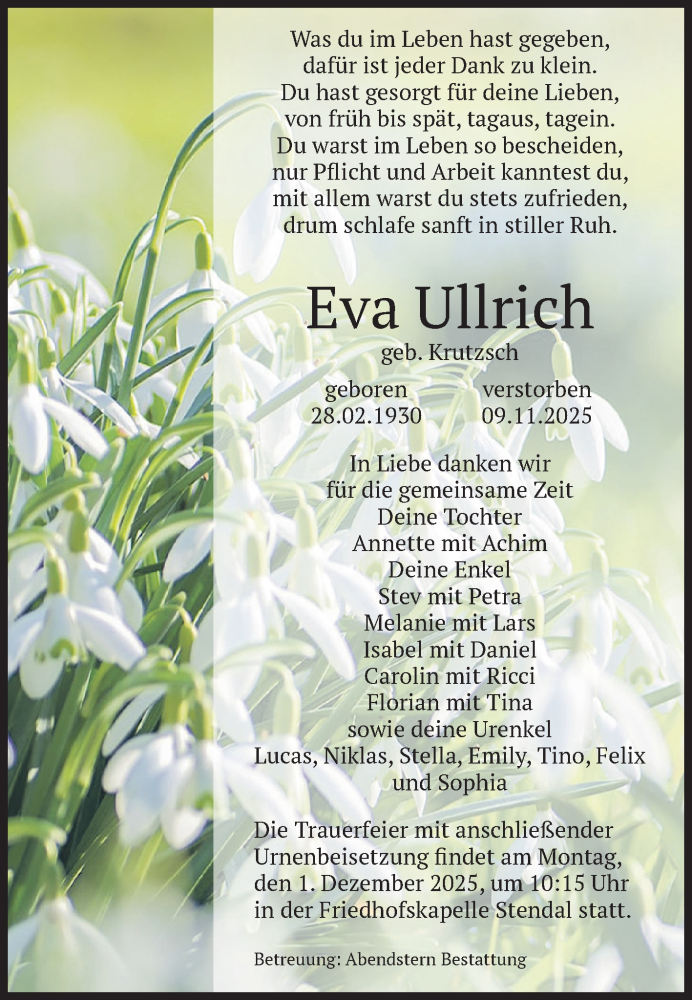  Traueranzeige für Eva Ullrich vom 22.11.2025 aus Volksstimme Altmark Ost