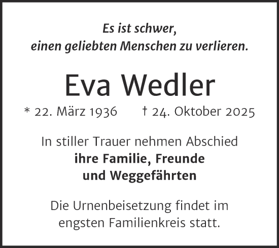 Traueranzeige von Eva Wedler von Mitteldeutsche Zeitung Halle/Saalkreis