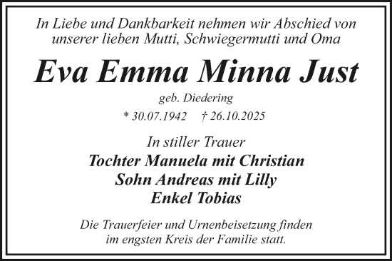 Traueranzeige von Eva Emma Minna Just von Trauerkombi Dessau