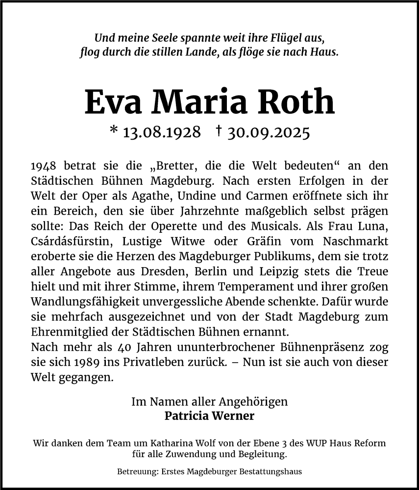  Traueranzeige für Eva Maria Roth vom 01.11.2025 aus Volksstimme Magdeburg