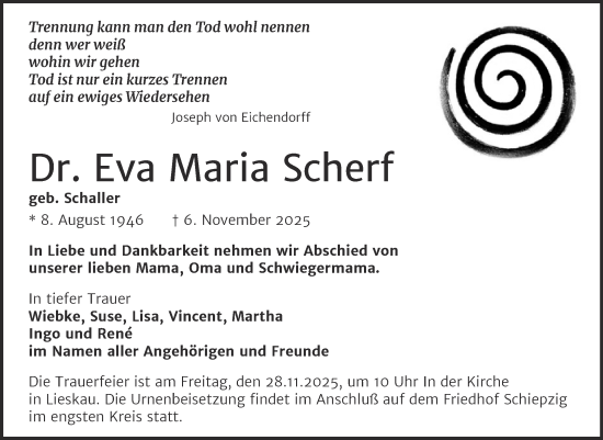 Traueranzeige von Eva Maria Scherf von Mitteldeutsche Zeitung Halle/Saalkreis